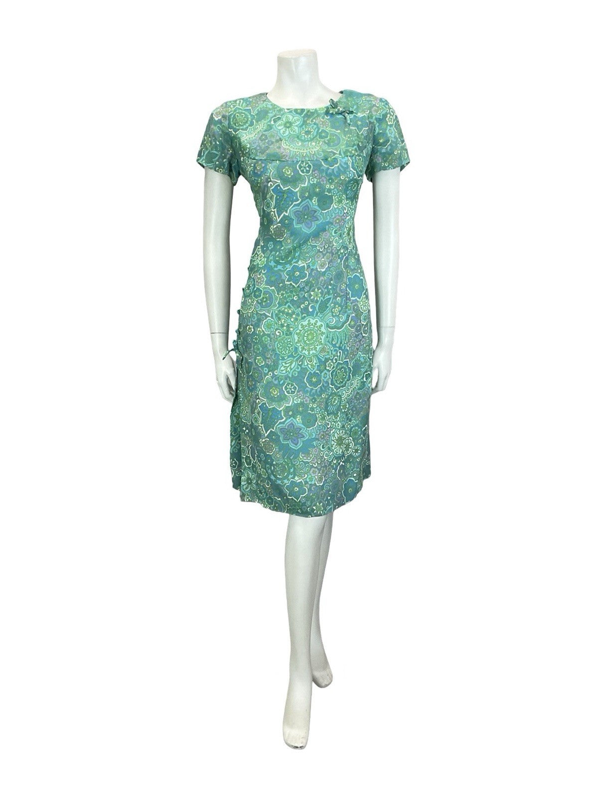 VTG 60S BLUE GREEN TEAL PURPE PSYCHEDELIC FLORAL MANDALA BOW PLEAT DRESS 12