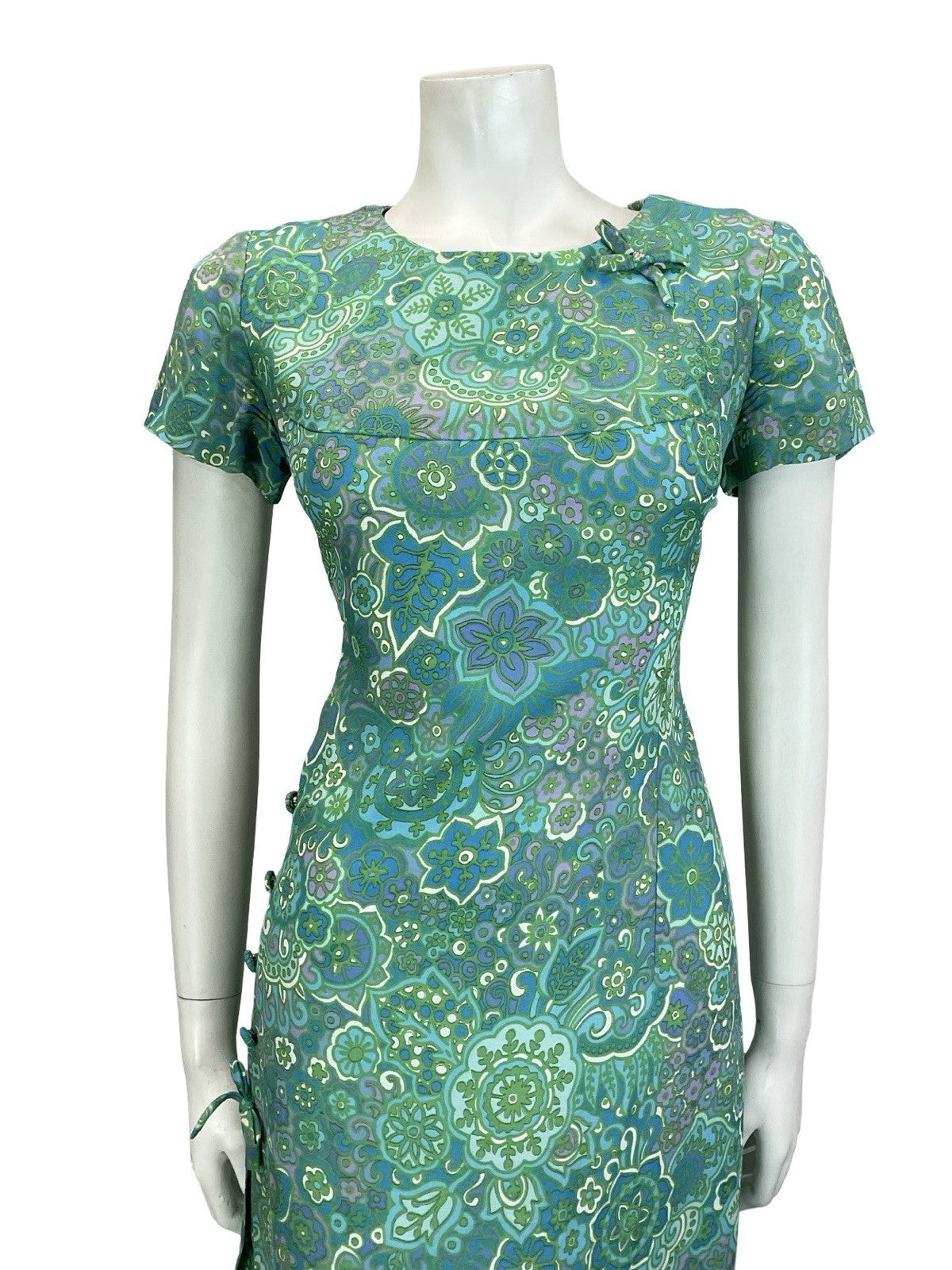 VTG 60S BLUE GREEN TEAL PURPE PSYCHEDELIC FLORAL MANDALA BOW PLEAT DRESS 12