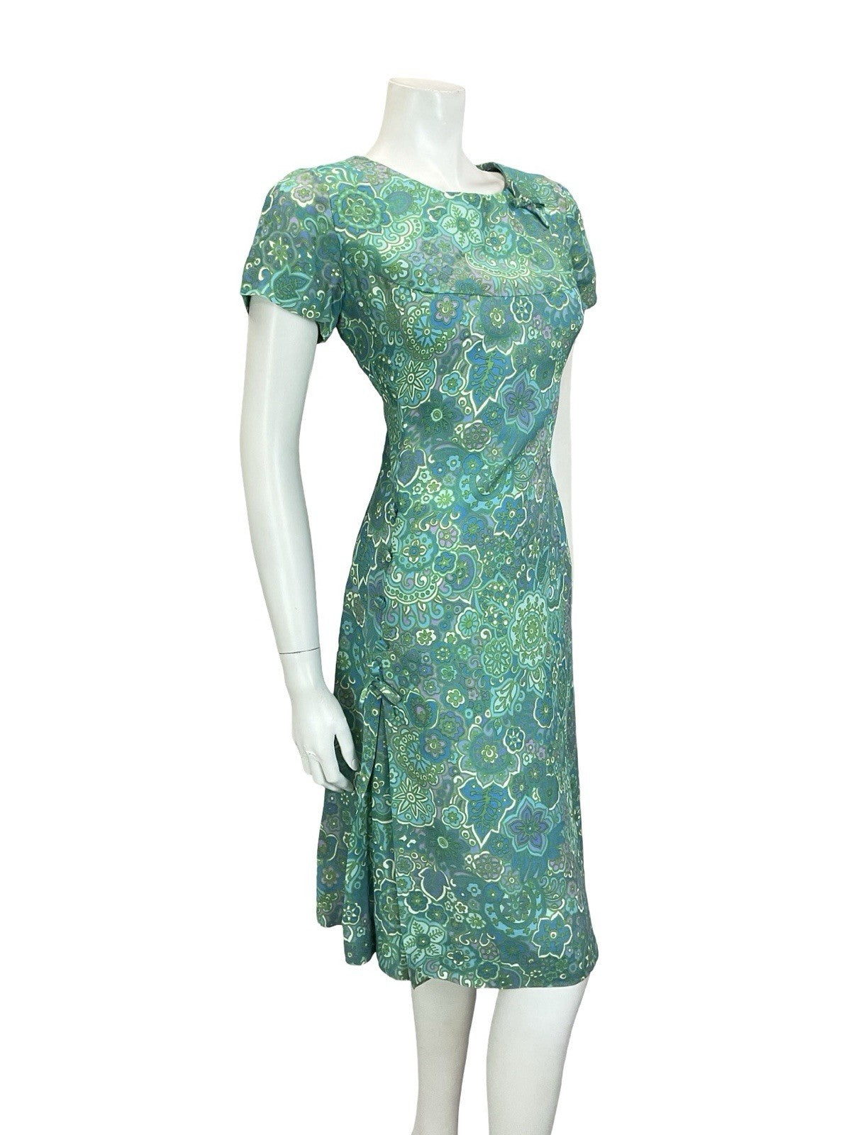 VTG 60S BLUE GREEN TEAL PURPE PSYCHEDELIC FLORAL MANDALA BOW PLEAT DRESS 12