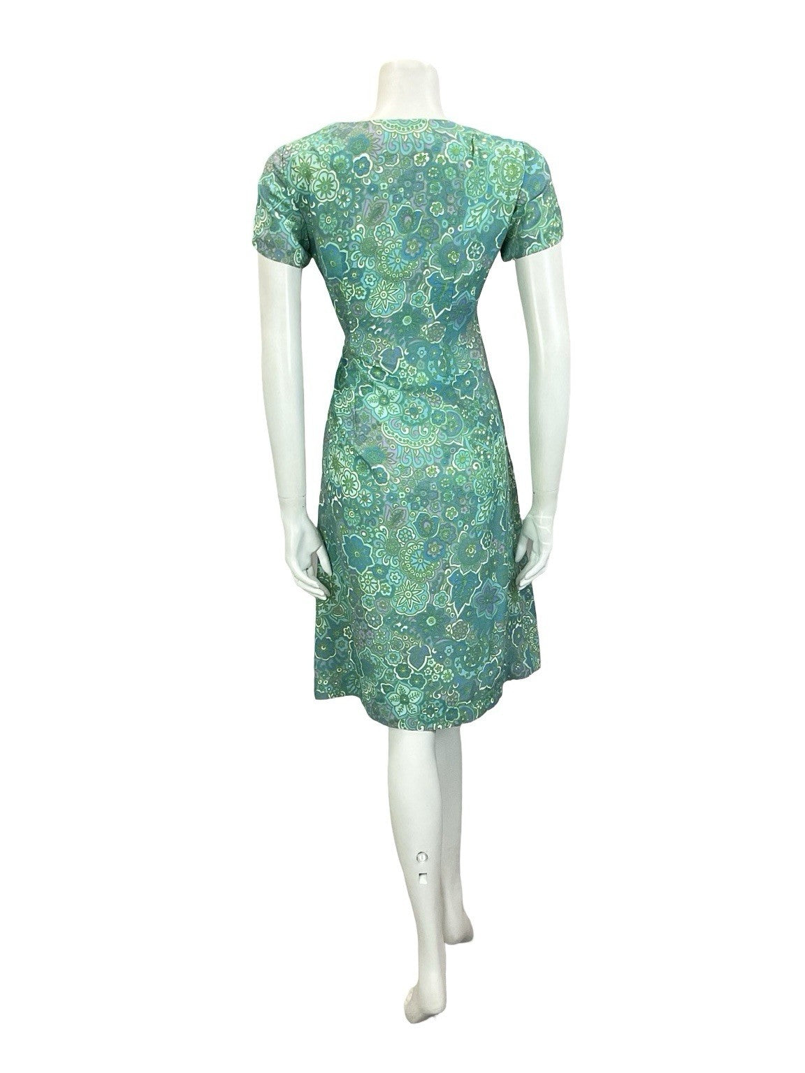 VTG 60S BLUE GREEN TEAL PURPE PSYCHEDELIC FLORAL MANDALA BOW PLEAT DRESS 12