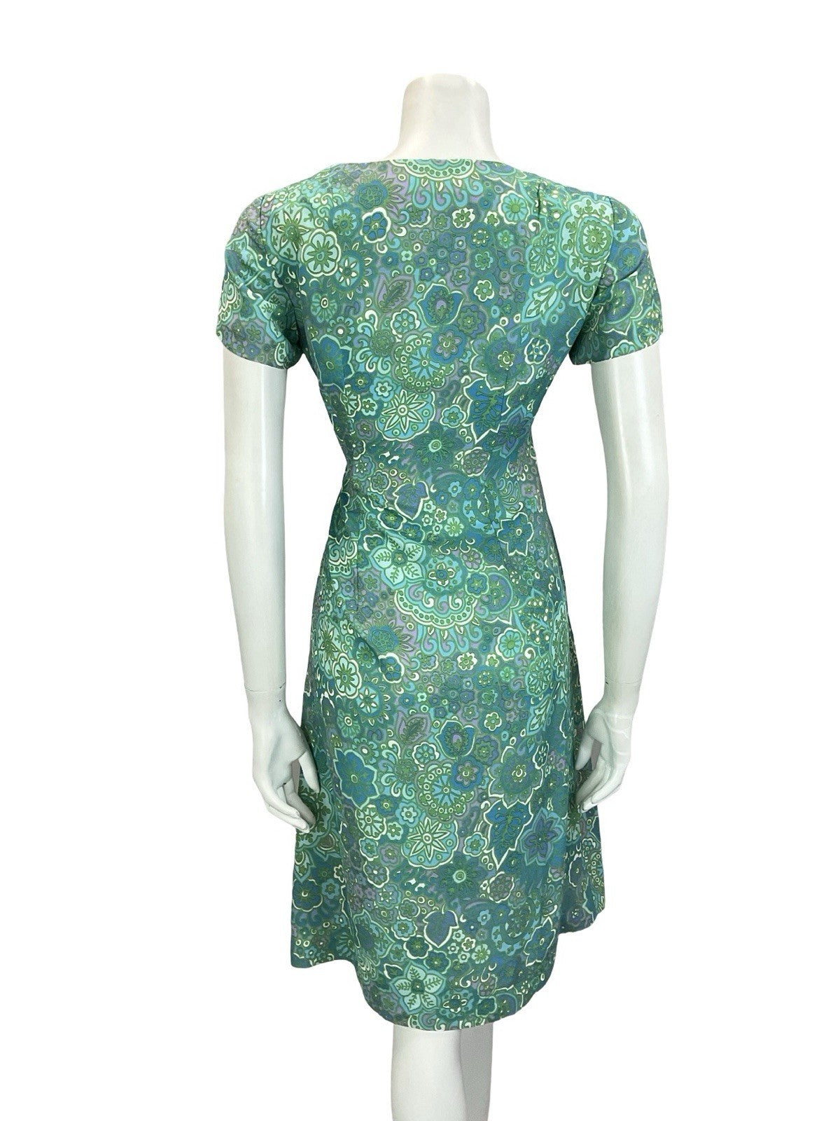 VTG 60S BLUE GREEN TEAL PURPE PSYCHEDELIC FLORAL MANDALA BOW PLEAT DRESS 12