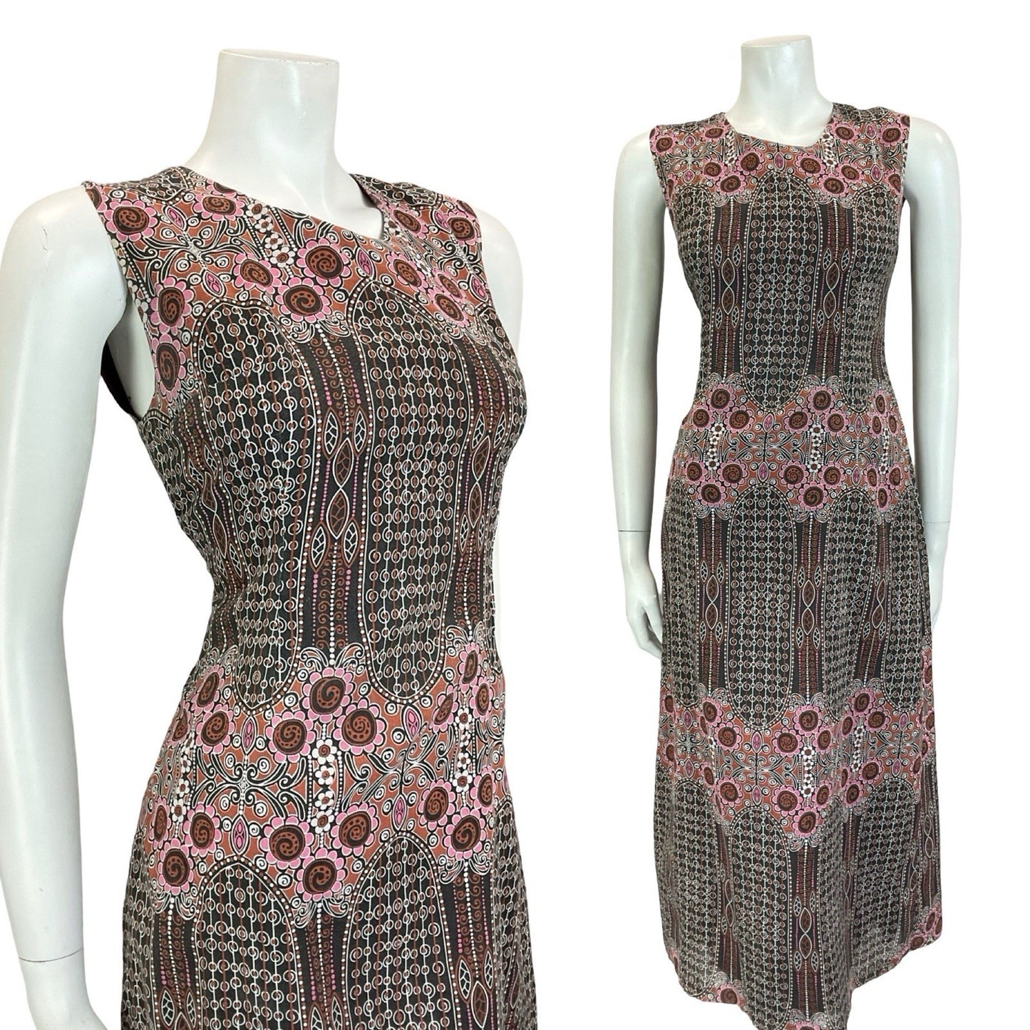 VTG 60S 70S BLACK PINK BROWN WHITE GEOMETRIC PSYCHEDELIC FLORAL MIDI DRESS 10