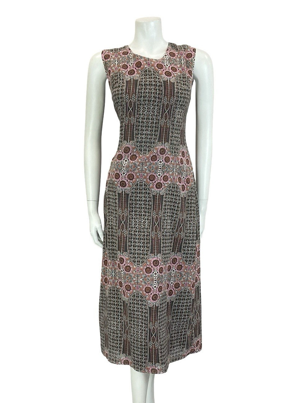 VTG 60S 70S BLACK PINK BROWN WHITE GEOMETRIC PSYCHEDELIC FLORAL MIDI DRESS 10