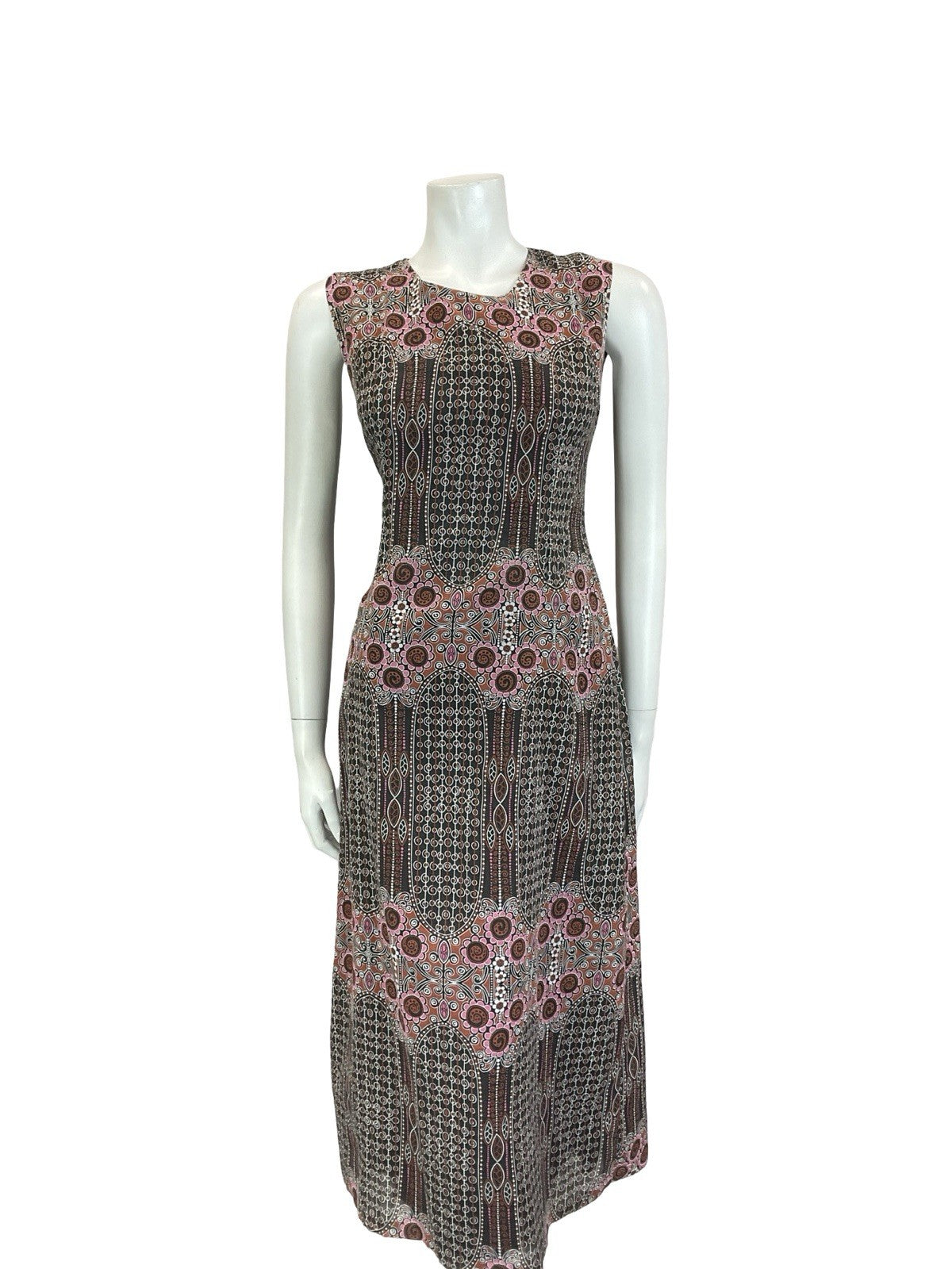 VTG 60S 70S BLACK PINK BROWN WHITE GEOMETRIC PSYCHEDELIC FLORAL MIDI DRESS 10