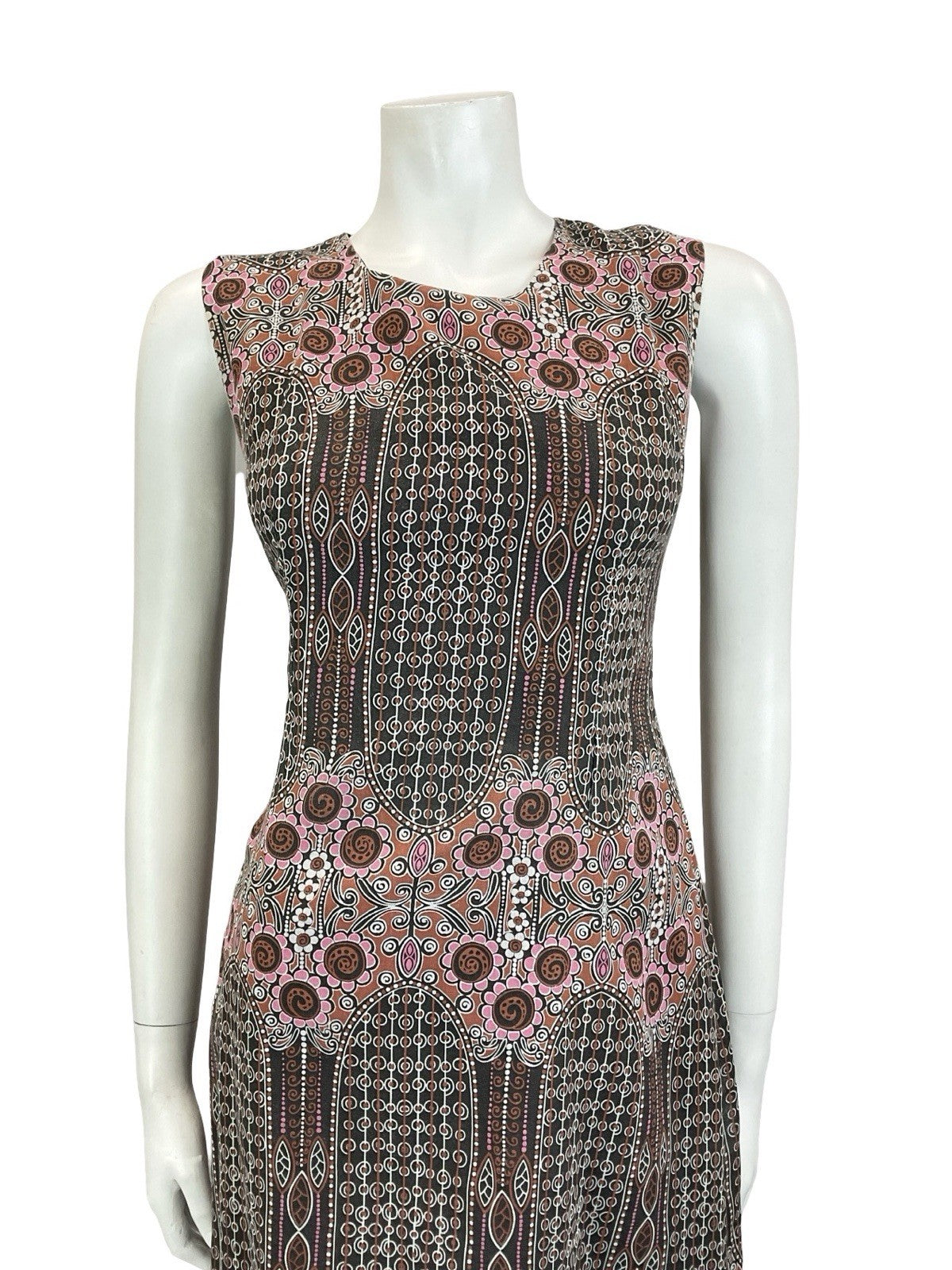 VTG 60S 70S BLACK PINK BROWN WHITE GEOMETRIC PSYCHEDELIC FLORAL MIDI DRESS 10