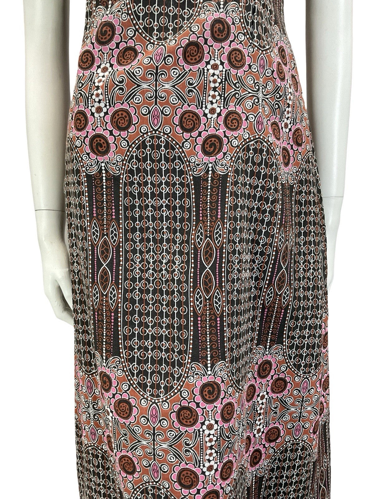 VTG 60S 70S BLACK PINK BROWN WHITE GEOMETRIC PSYCHEDELIC FLORAL MIDI DRESS 10