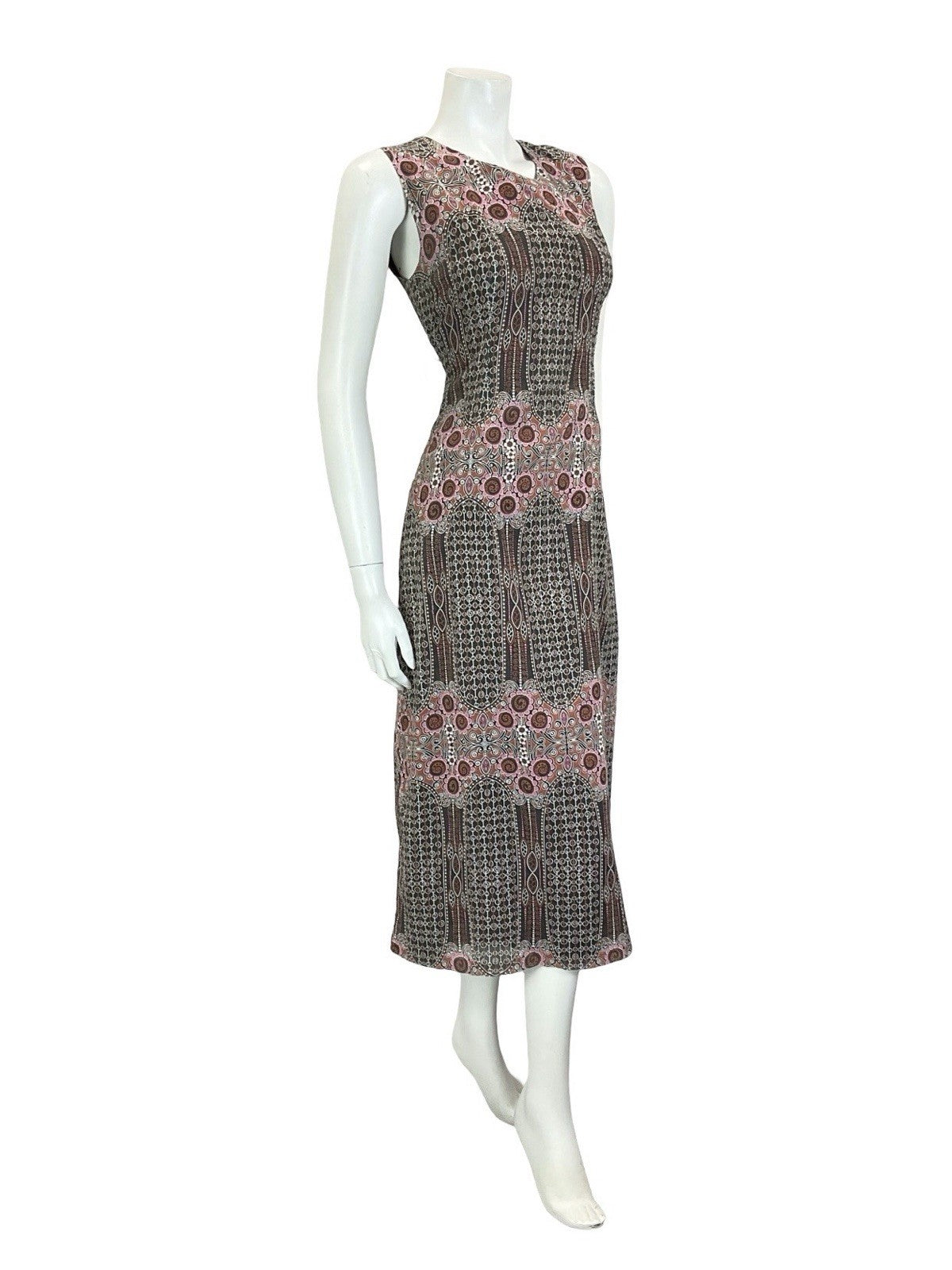 VTG 60S 70S BLACK PINK BROWN WHITE GEOMETRIC PSYCHEDELIC FLORAL MIDI DRESS 10