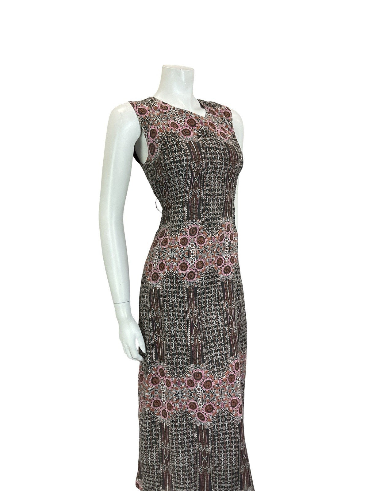 VTG 60S 70S BLACK PINK BROWN WHITE GEOMETRIC PSYCHEDELIC FLORAL MIDI DRESS 10