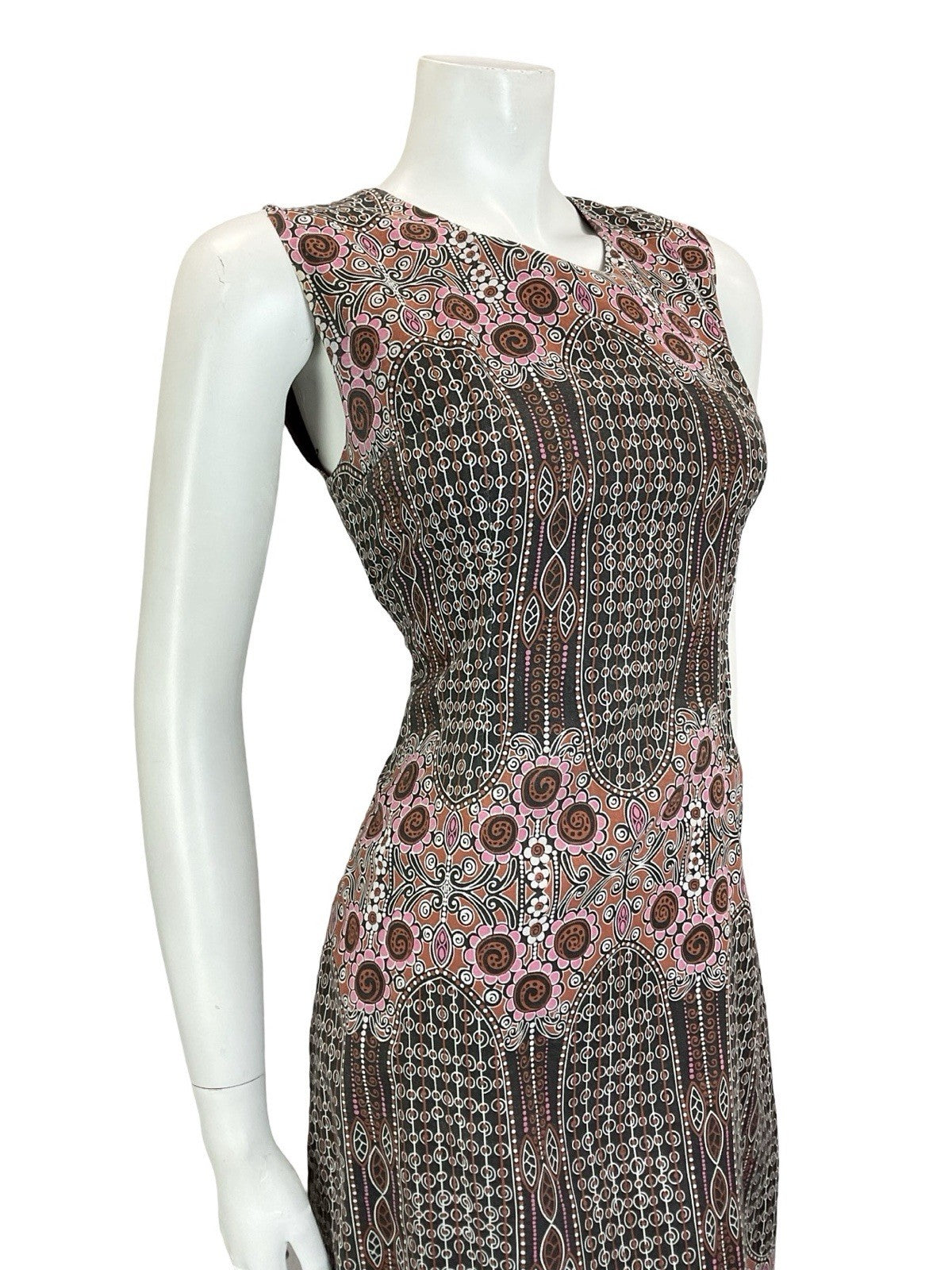 VTG 60S 70S BLACK PINK BROWN WHITE GEOMETRIC PSYCHEDELIC FLORAL MIDI DRESS 10