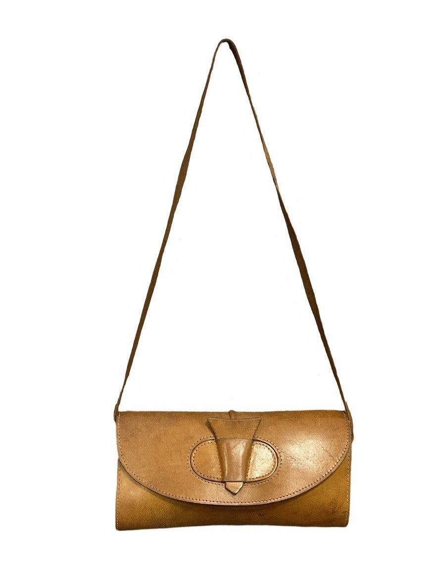 VTG 60S 70S TAN BROWN LEATHER GEOMETRIC GOGO SLIDE CLASP BAGUETTE SHOULDER BAG
