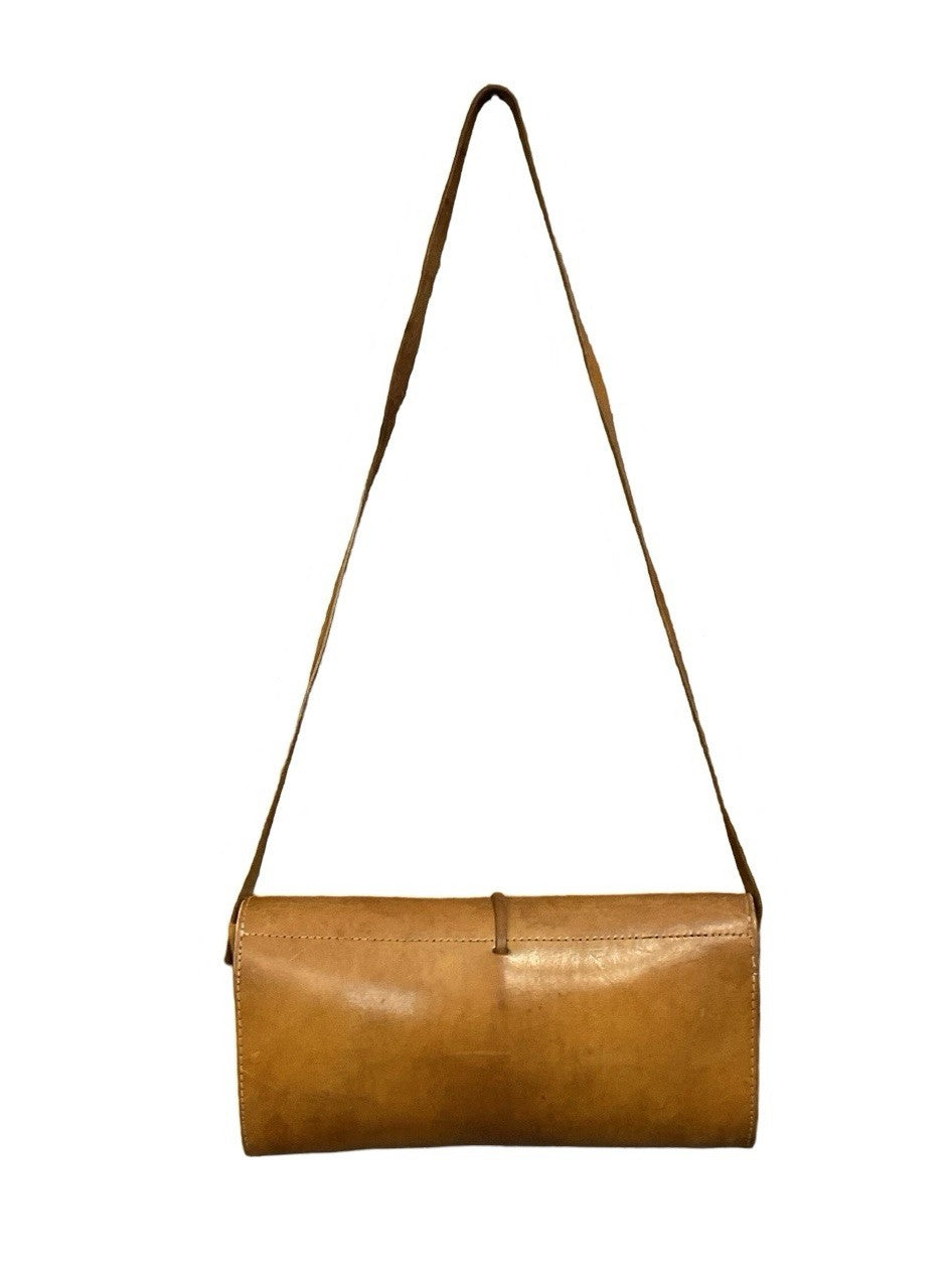 VTG 60S 70S TAN BROWN LEATHER GEOMETRIC GOGO SLIDE CLASP BAGUETTE SHOULDER BAG