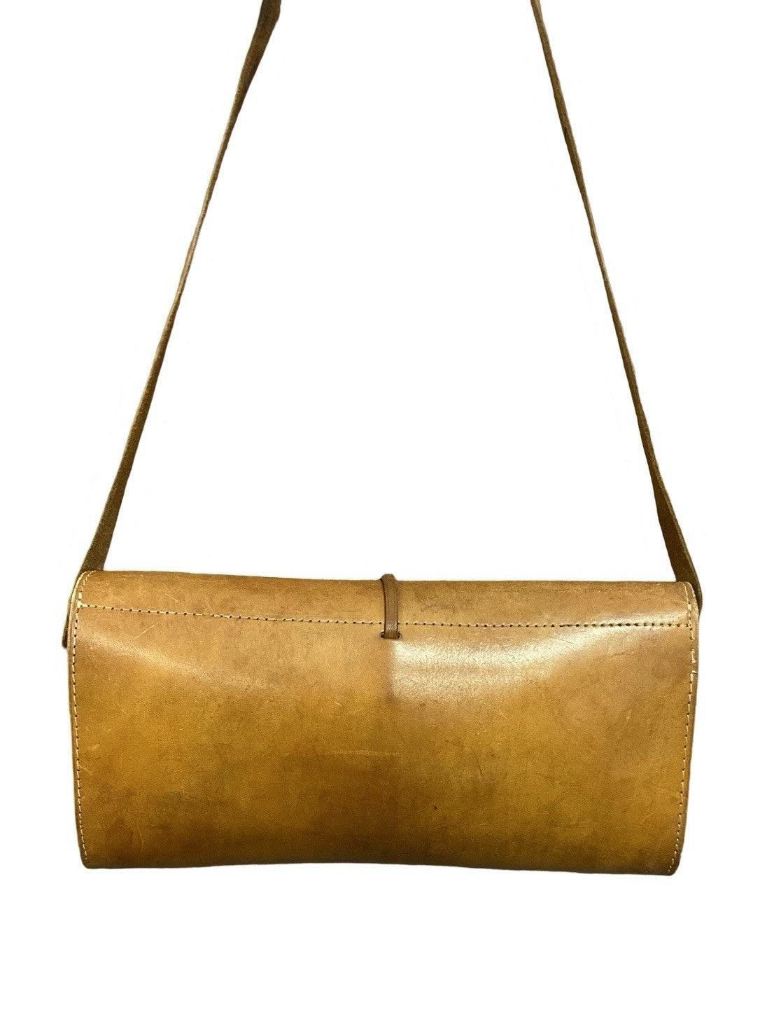 VTG 60S 70S TAN BROWN LEATHER GEOMETRIC GOGO SLIDE CLASP BAGUETTE SHOULDER BAG