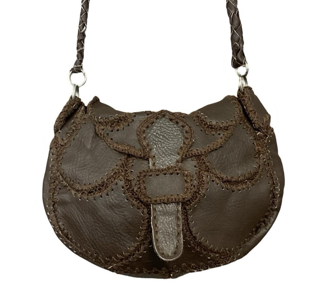 VTG 60S 70S DARK BROWN LEATHER STITCH PATCHWORK WOVEN HIPPY BOHO SHOULDER BAG