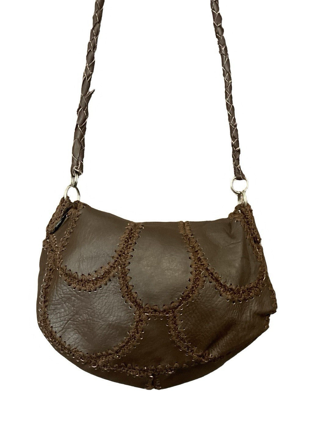 VTG 60S 70S DARK BROWN LEATHER STITCH PATCHWORK WOVEN HIPPY BOHO SHOULDER BAG