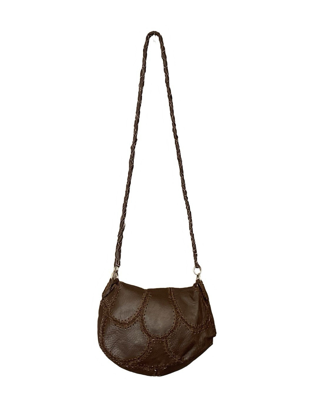 VTG 60S 70S DARK BROWN LEATHER STITCH PATCHWORK WOVEN HIPPY BOHO SHOULDER BAG