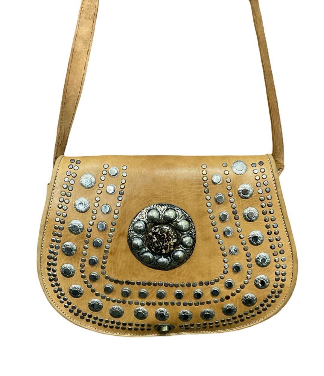 VTG 70S BOHO TAN BROWN SILVER STUDDED EMBELLISHED STONE METALWORK CROSS BODY BAG