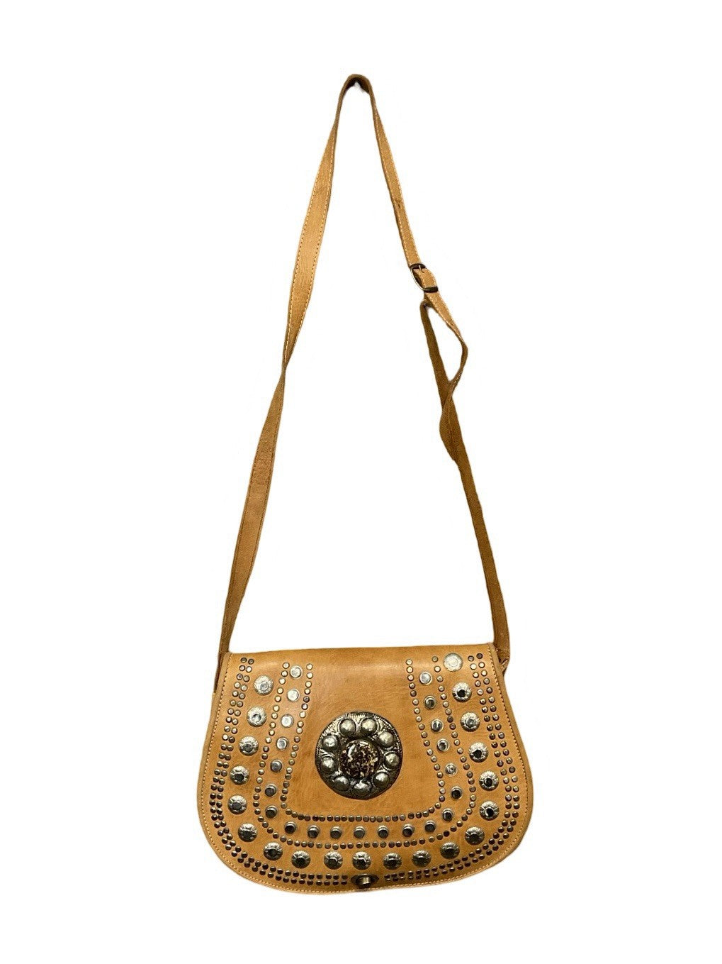 VTG 70S BOHO TAN BROWN SILVER STUDDED EMBELLISHED STONE METALWORK CROSS BODY BAG
