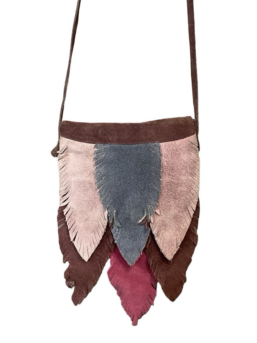 VTG 60S 70S PURPLE PINK BLUE SUEDE FEATHER BOHO HIPPY PATCHWORK CROSS BODY BAG