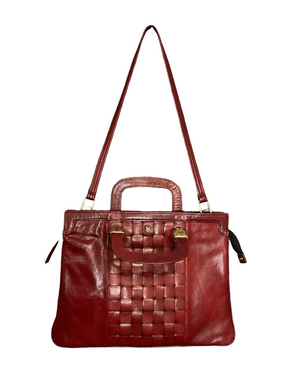 VTG 60S 70S RED LEATHER GOLD WOVEN MOD GOGO HAND SHOULDER BAG
