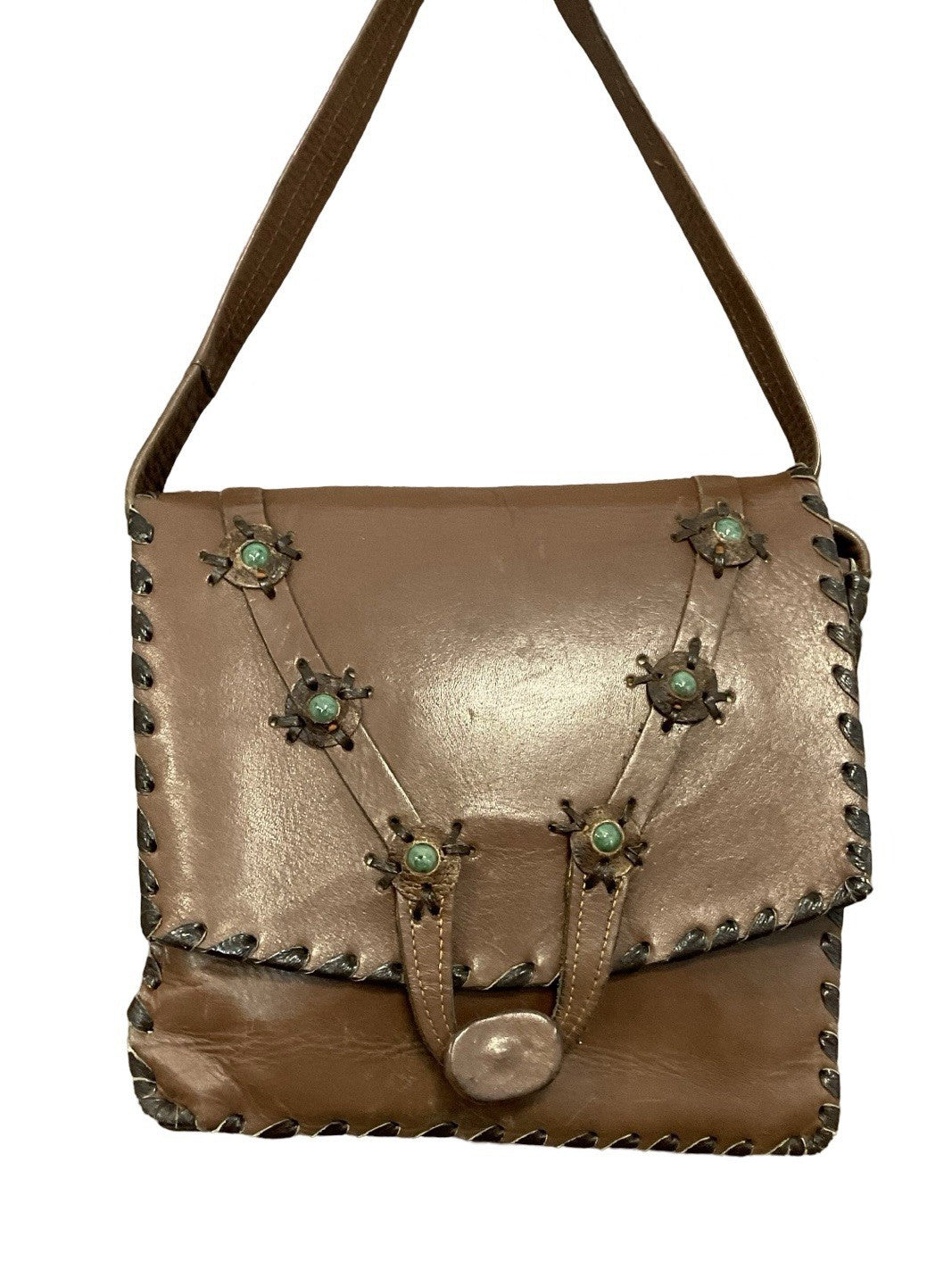 VTG 60S 70S BROWN LEATHER GREEN BEADED WHIP STITCH BOHO HIPPY SHOULDER BAG