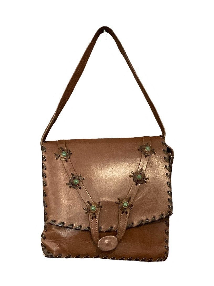 VTG 60S 70S BROWN LEATHER GREEN BEADED WHIP STITCH BOHO HIPPY SHOULDER BAG