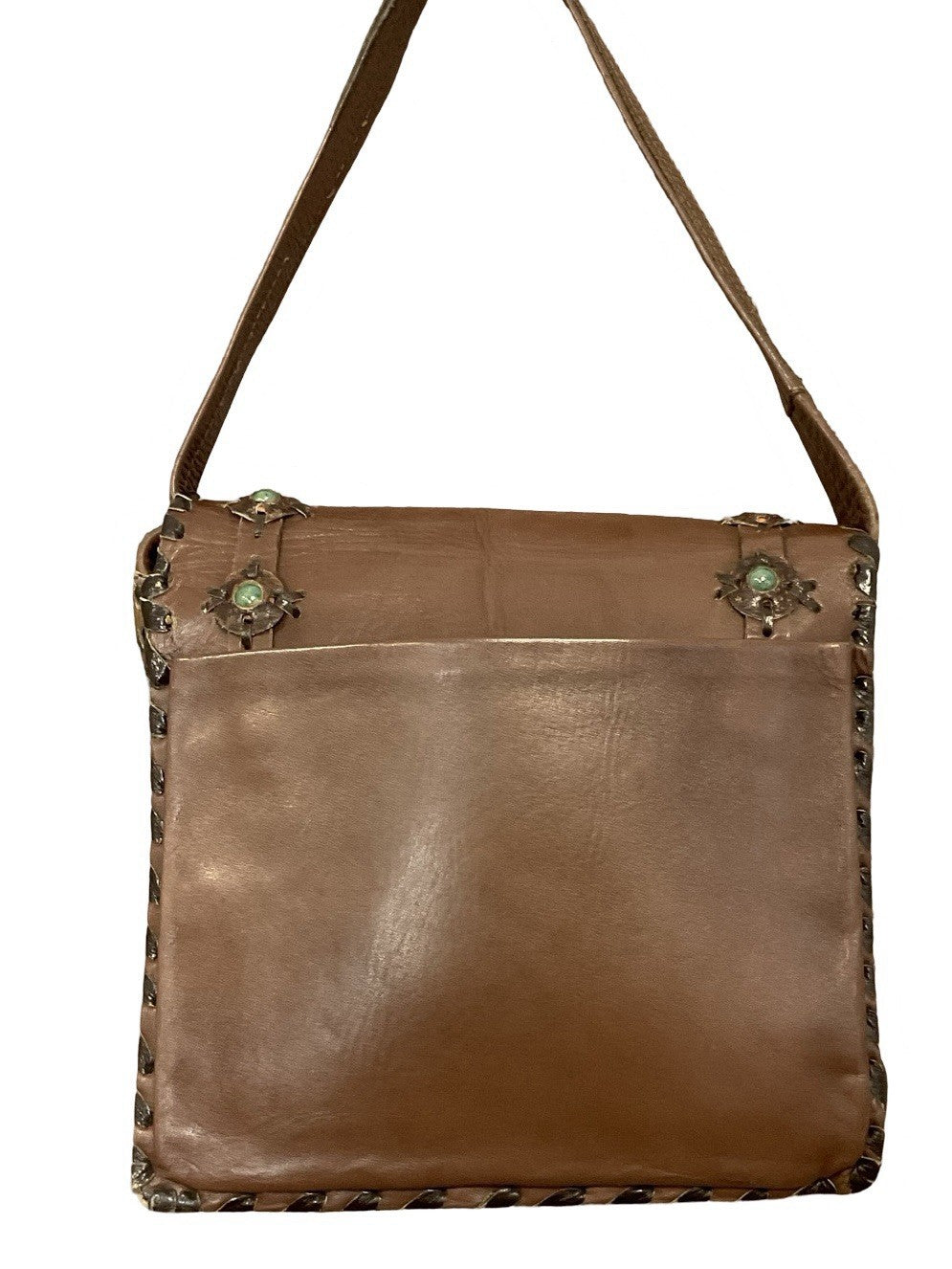 VTG 60S 70S BROWN LEATHER GREEN BEADED WHIP STITCH BOHO HIPPY SHOULDER BAG