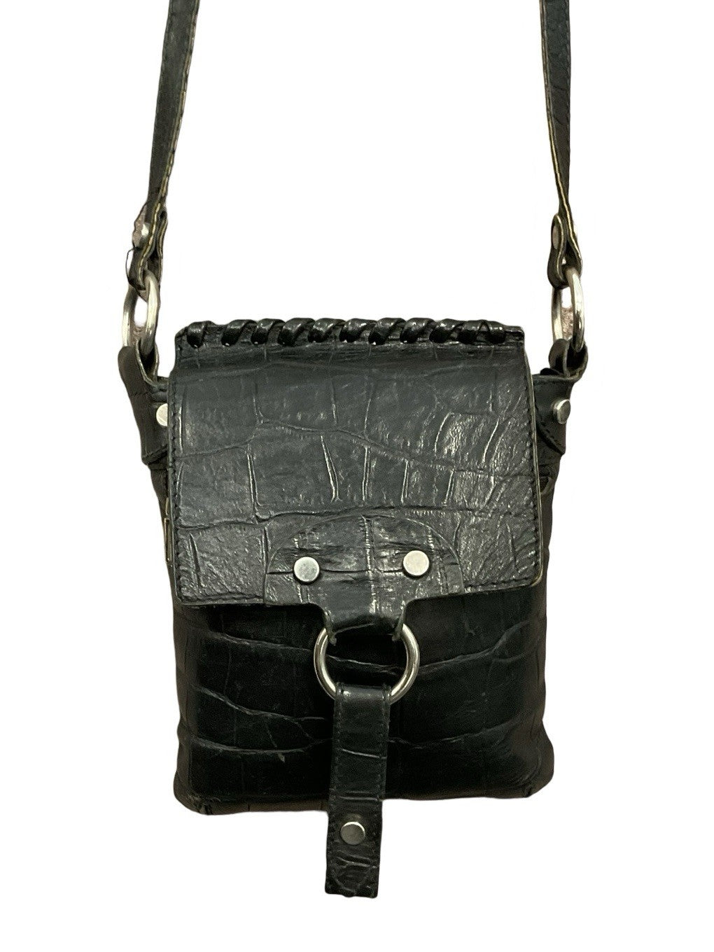 VTG 60S 70S BLACK CROCODILE SILVER STUDDED LEATHER O RING CROSS BODY BAG