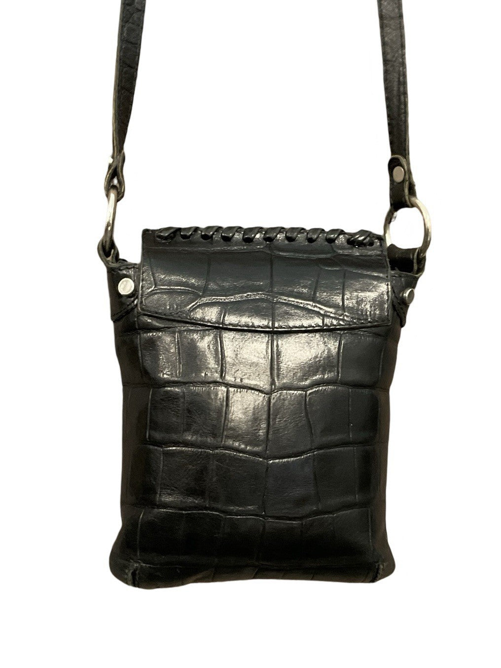 VTG 60S 70S BLACK CROCODILE SILVER STUDDED LEATHER O RING CROSS BODY BAG