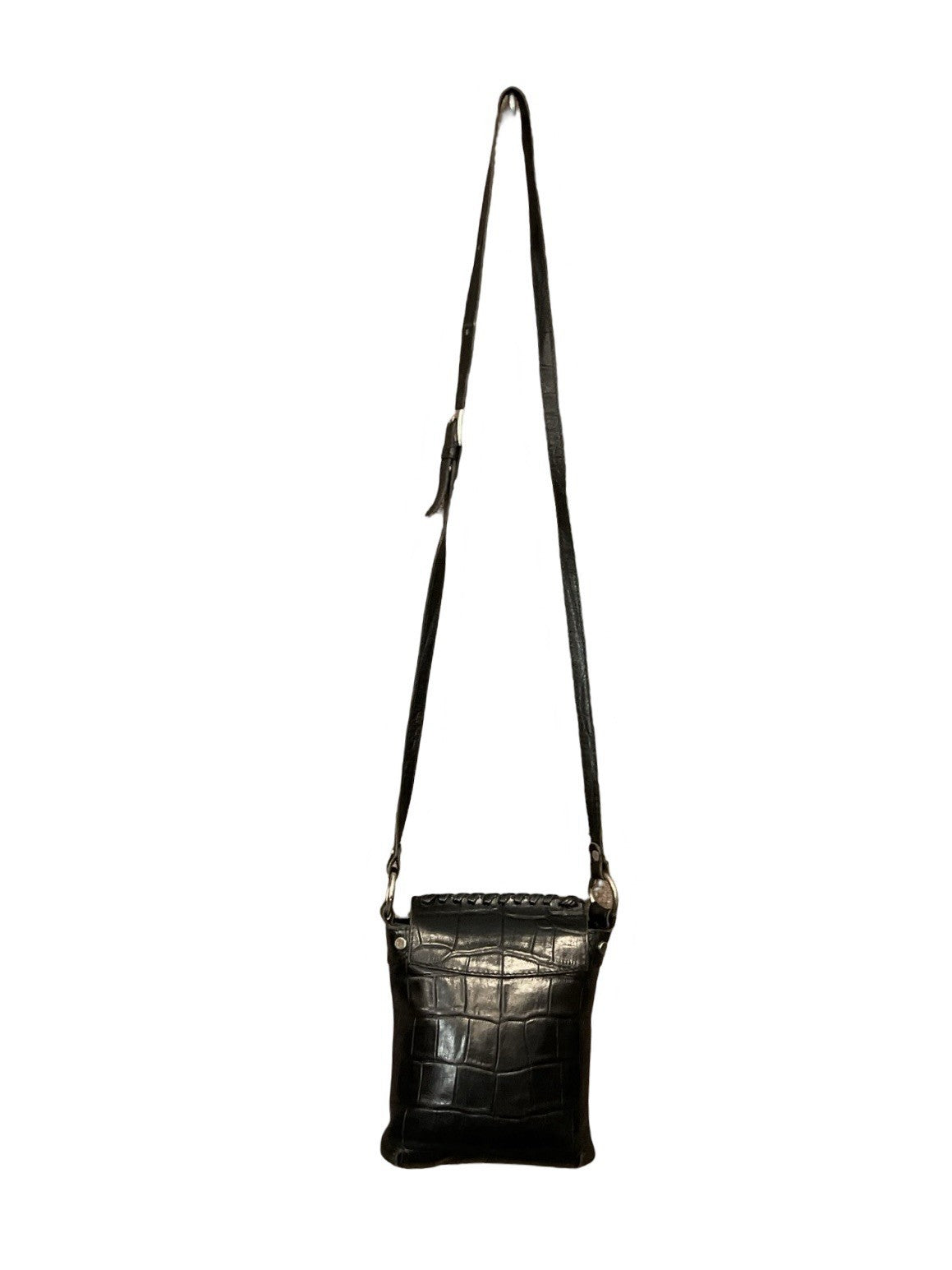 VTG 60S 70S BLACK CROCODILE SILVER STUDDED LEATHER O RING CROSS BODY BAG