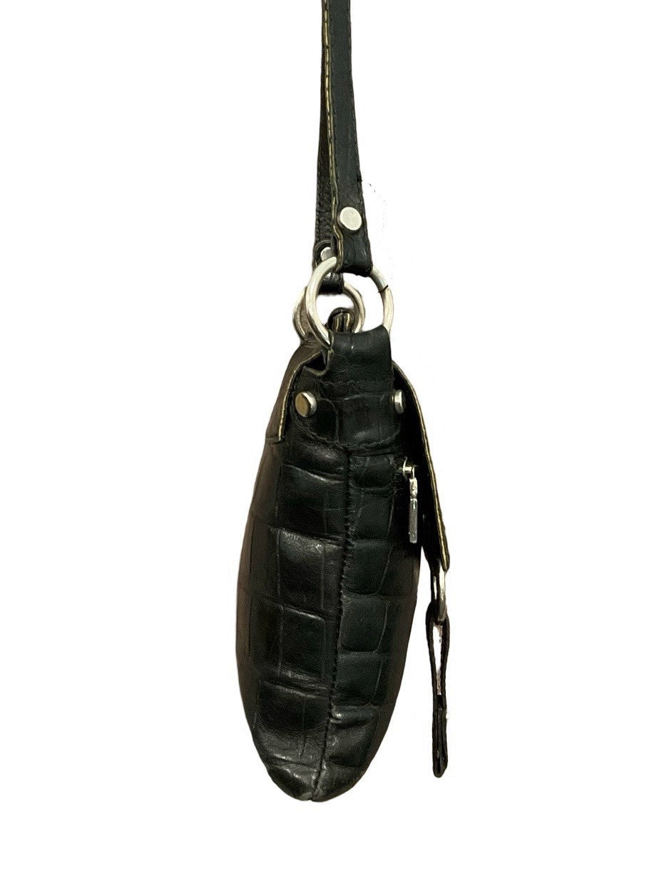 VTG 60S 70S BLACK CROCODILE SILVER STUDDED LEATHER O RING CROSS BODY BAG