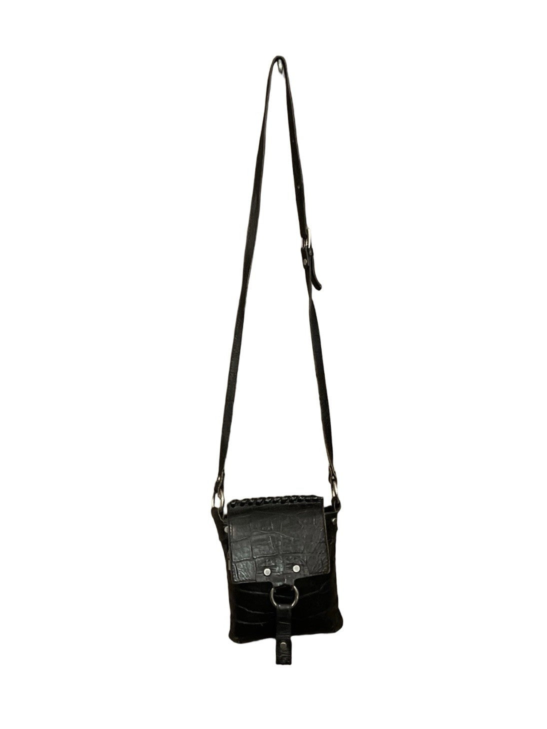 VTG 60S 70S BLACK CROCODILE SILVER STUDDED LEATHER O RING CROSS BODY BAG