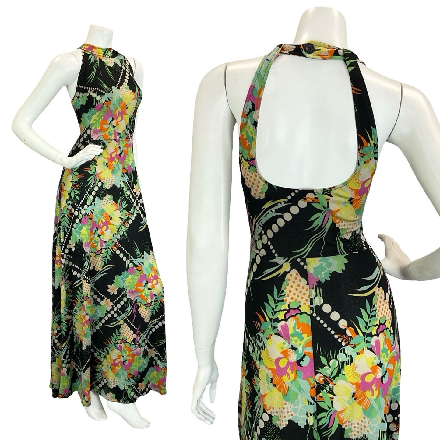VTG 60S 70S BLACK YELLOW GREEN PINK WHITE DOTTY FLORAL HALTER NECK MAXI DRESS 8