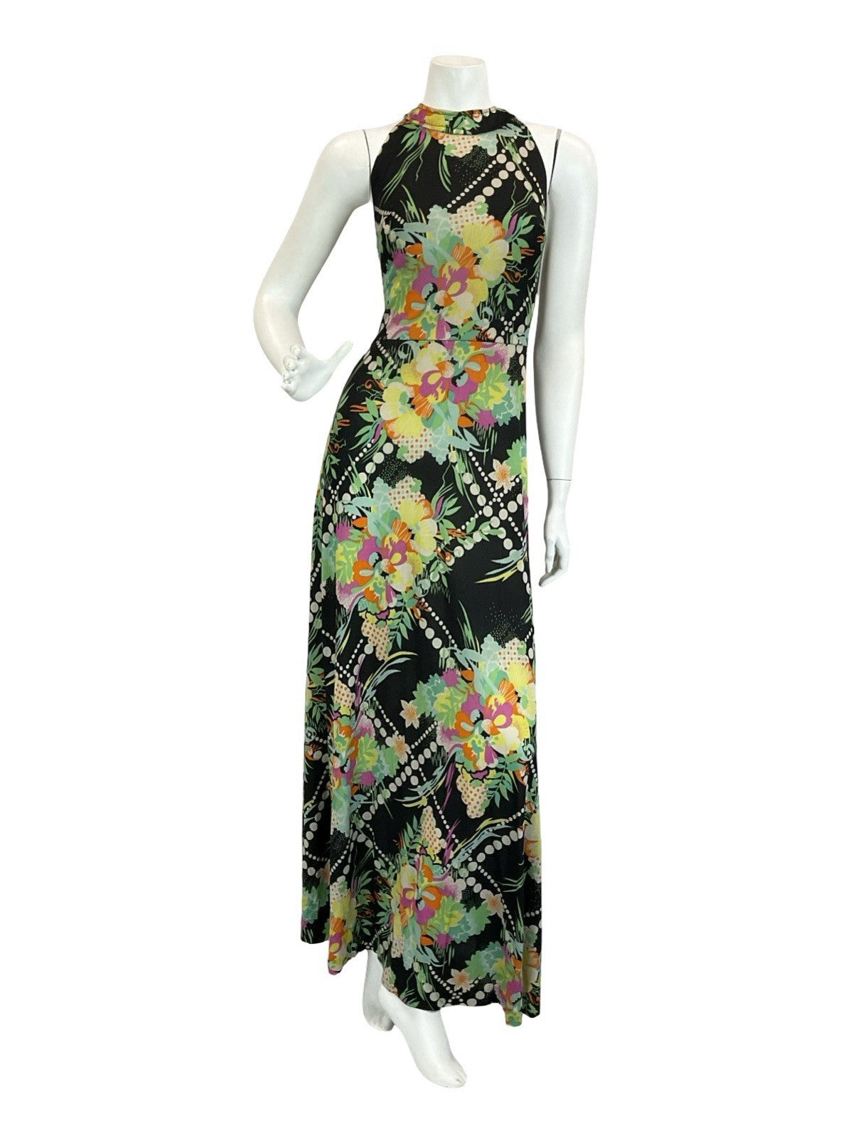 VTG 60S 70S BLACK YELLOW GREEN PINK WHITE DOTTY FLORAL HALTER NECK MAXI DRESS 8