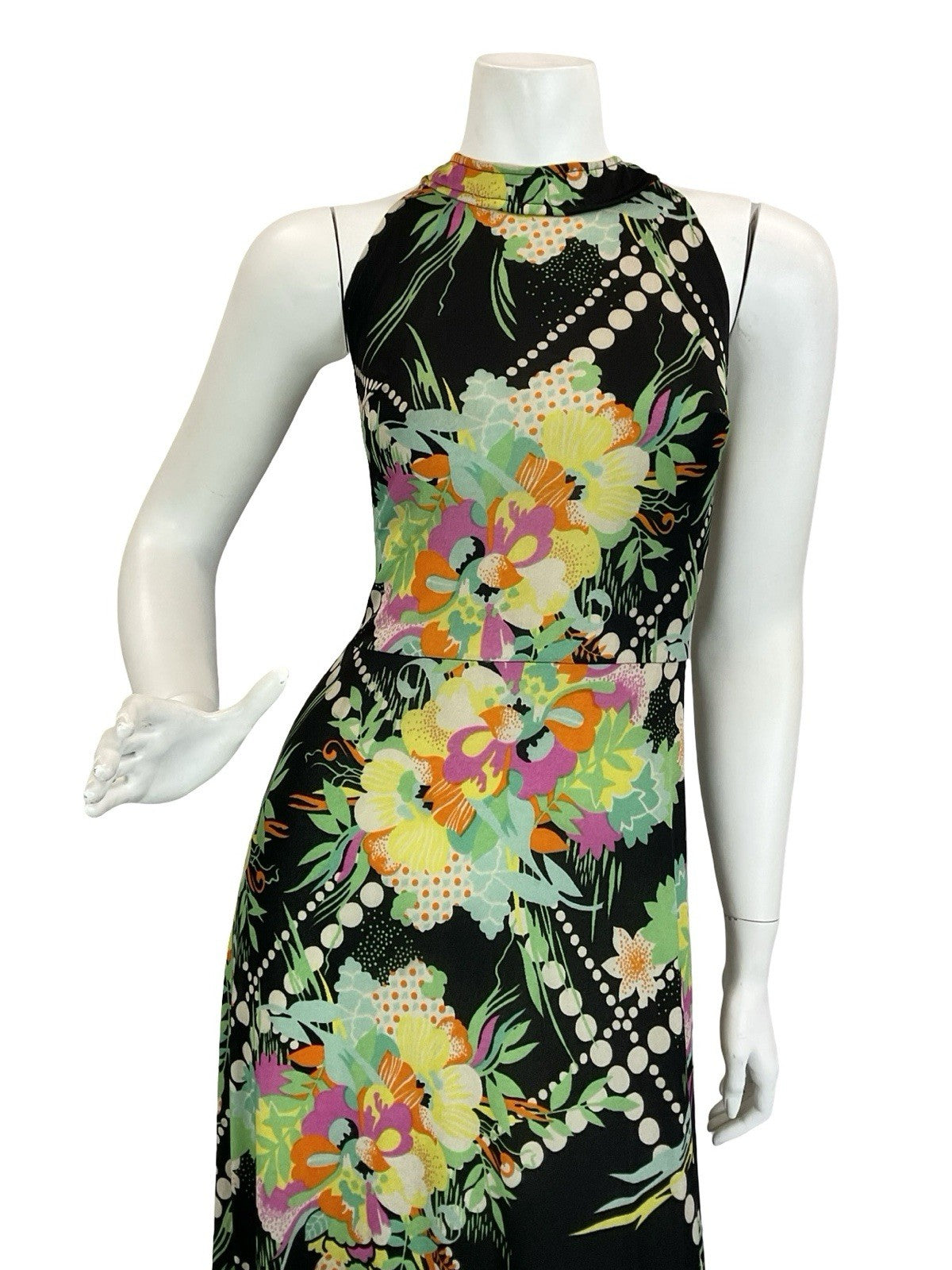 VTG 60S 70S BLACK YELLOW GREEN PINK WHITE DOTTY FLORAL HALTER NECK MAXI DRESS 8