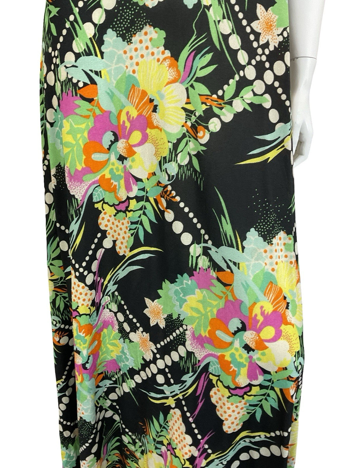 VTG 60S 70S BLACK YELLOW GREEN PINK WHITE DOTTY FLORAL HALTER NECK MAXI DRESS 8