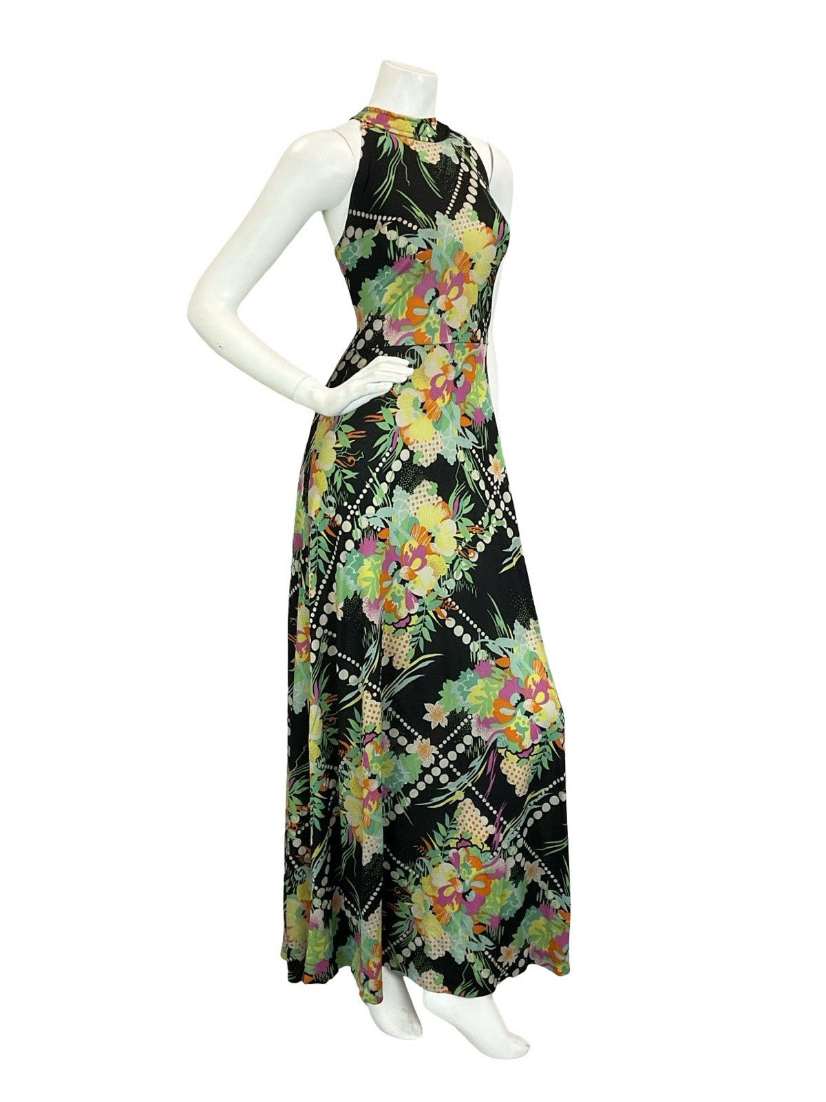 VTG 60S 70S BLACK YELLOW GREEN PINK WHITE DOTTY FLORAL HALTER NECK MAXI DRESS 8