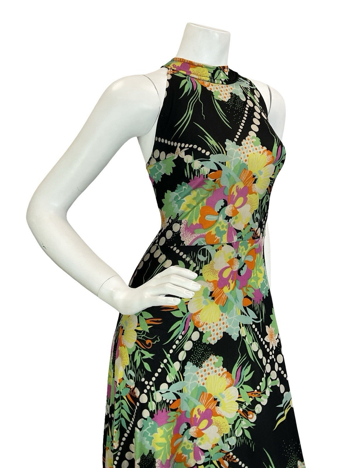VTG 60S 70S BLACK YELLOW GREEN PINK WHITE DOTTY FLORAL HALTER NECK MAXI DRESS 8