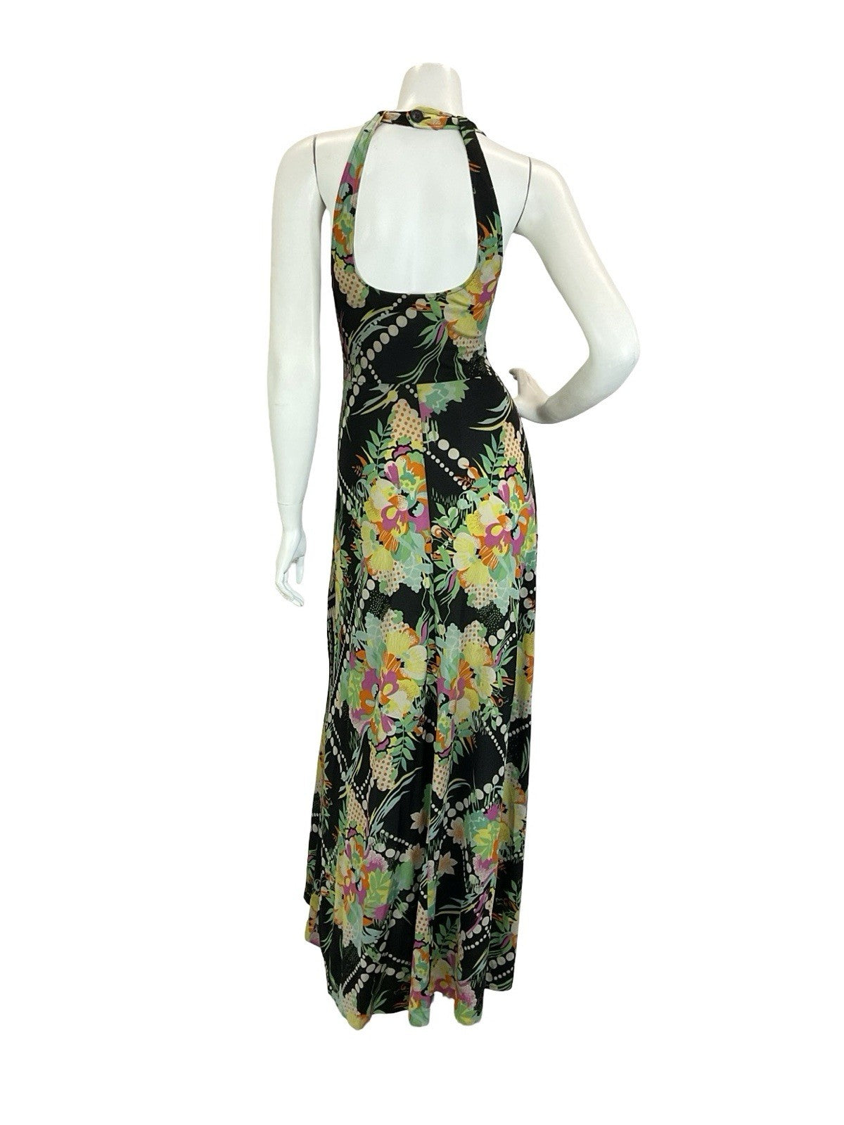 VTG 60S 70S BLACK YELLOW GREEN PINK WHITE DOTTY FLORAL HALTER NECK MAXI DRESS 8