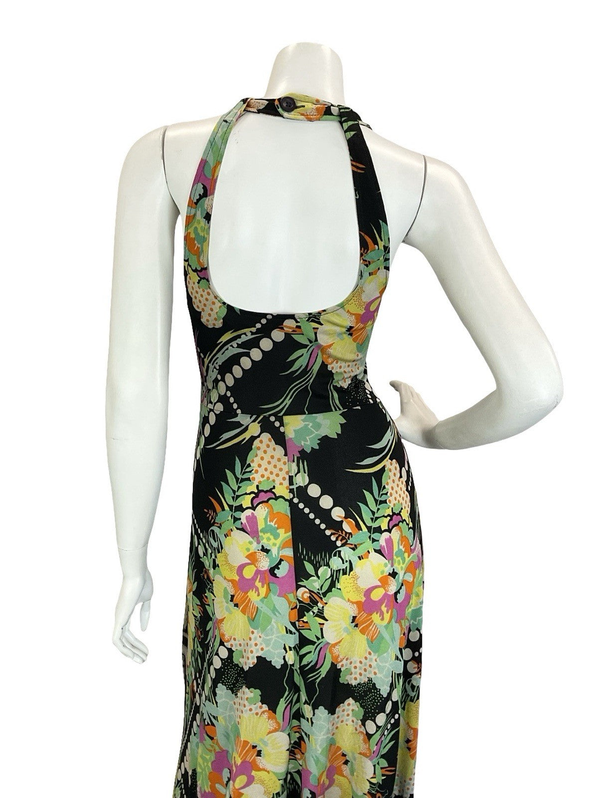 VTG 60S 70S BLACK YELLOW GREEN PINK WHITE DOTTY FLORAL HALTER NECK MAXI DRESS 8