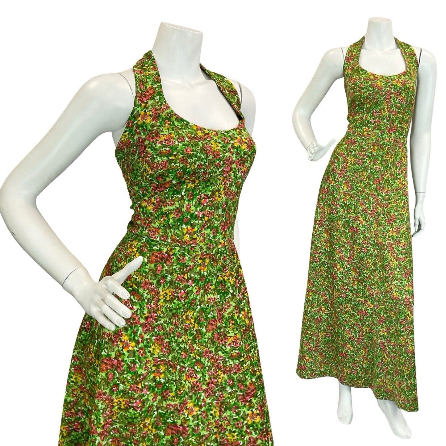 VTG 60S 70S GREEN RED YELLOW PSYCHEDELIC FLORAL HALTER NECK MAXI DRESS 14 16