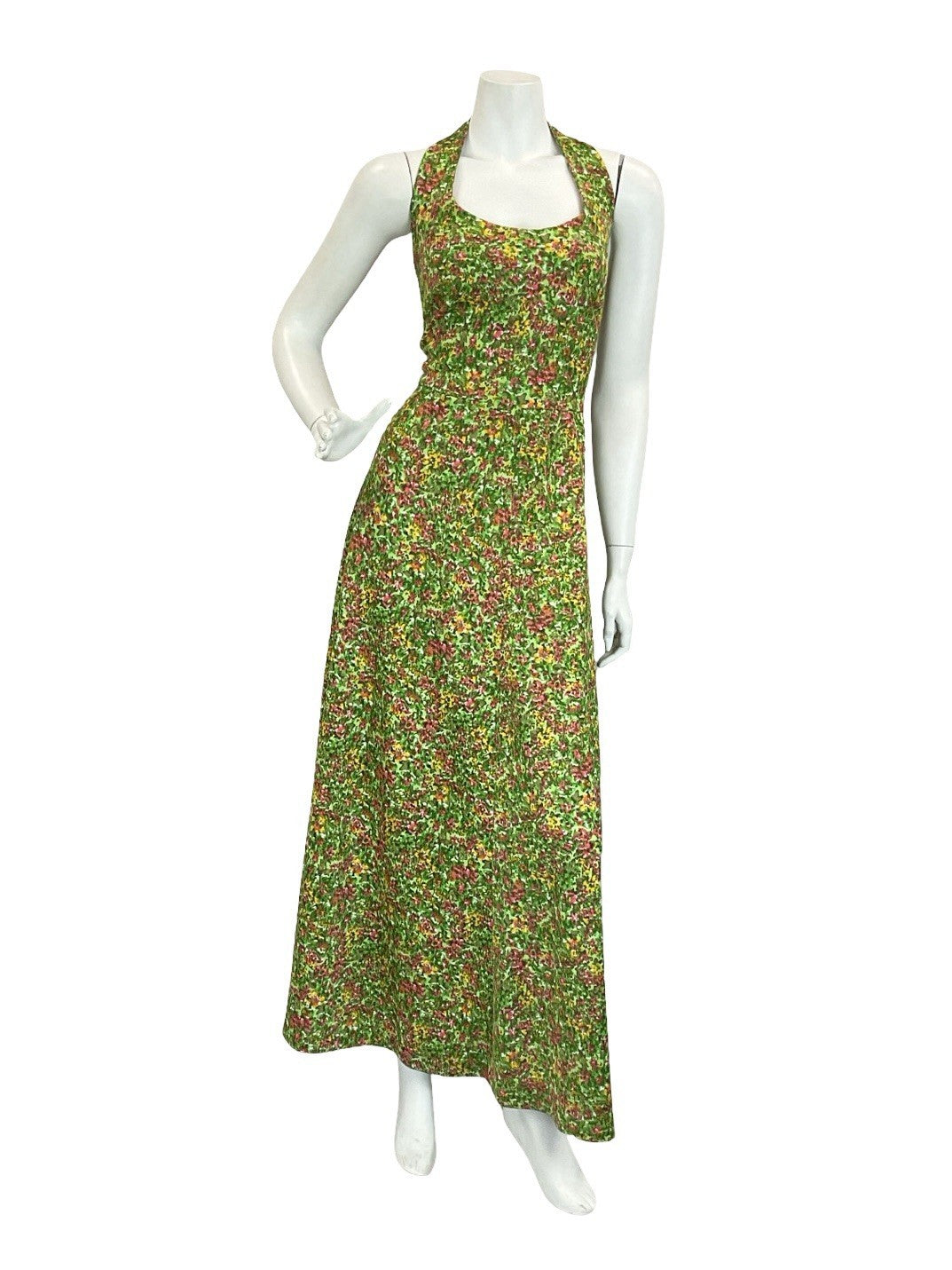VTG 60S 70S GREEN RED YELLOW PSYCHEDELIC FLORAL HALTER NECK MAXI DRESS 14 16