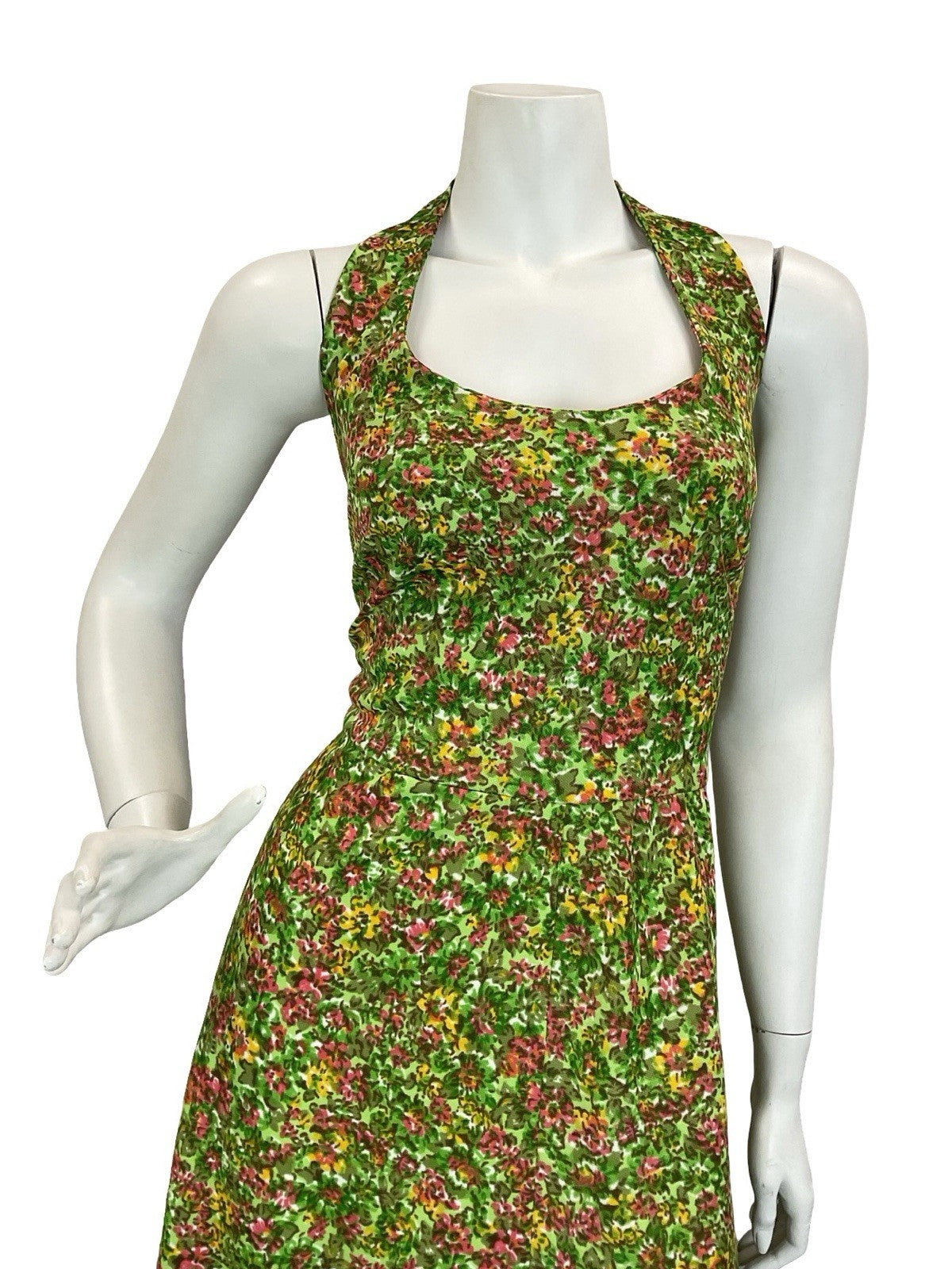VTG 60S 70S GREEN RED YELLOW PSYCHEDELIC FLORAL HALTER NECK MAXI DRESS 14 16