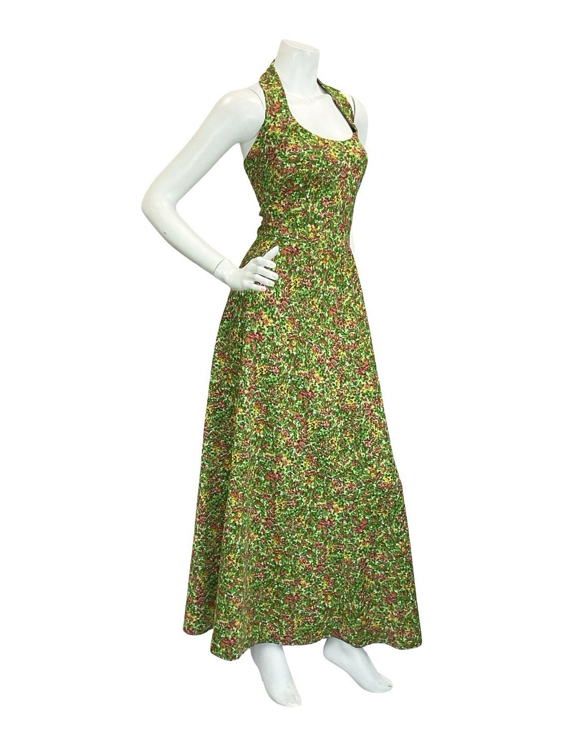 VTG 60S 70S GREEN RED YELLOW PSYCHEDELIC FLORAL HALTER NECK MAXI DRESS 14 16