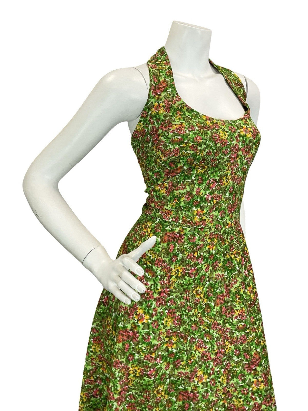 VTG 60S 70S GREEN RED YELLOW PSYCHEDELIC FLORAL HALTER NECK MAXI DRESS 14 16