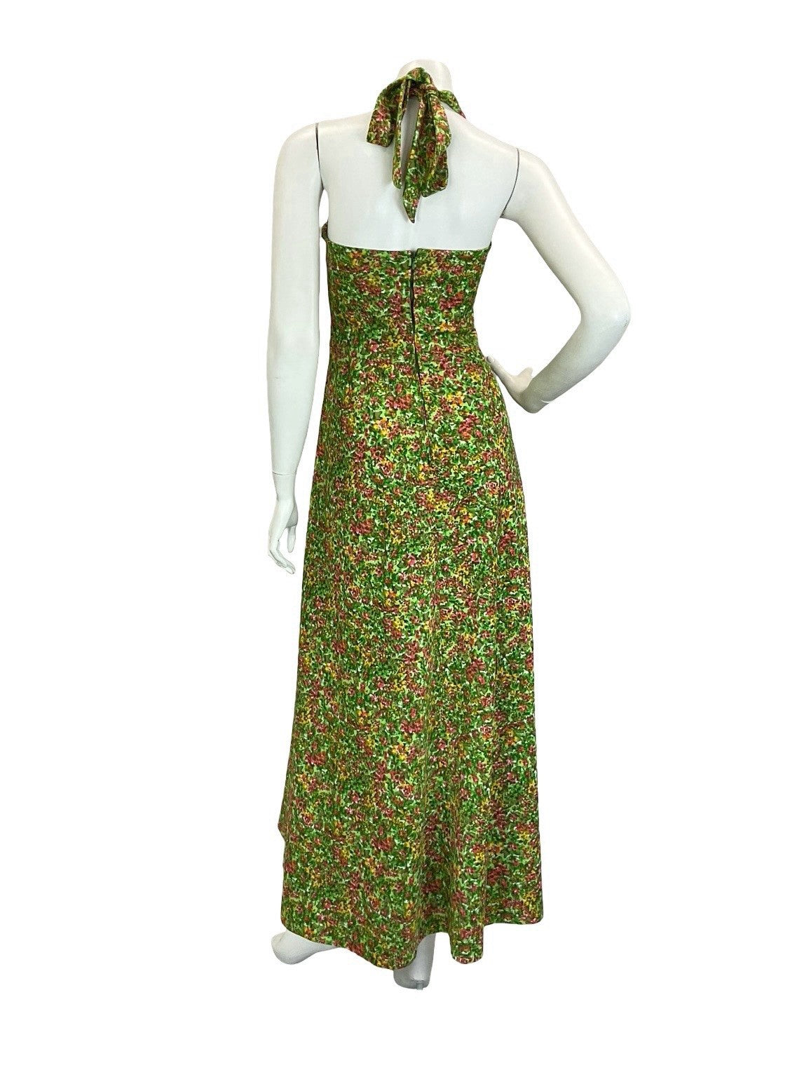 VTG 60S 70S GREEN RED YELLOW PSYCHEDELIC FLORAL HALTER NECK MAXI DRESS 14 16