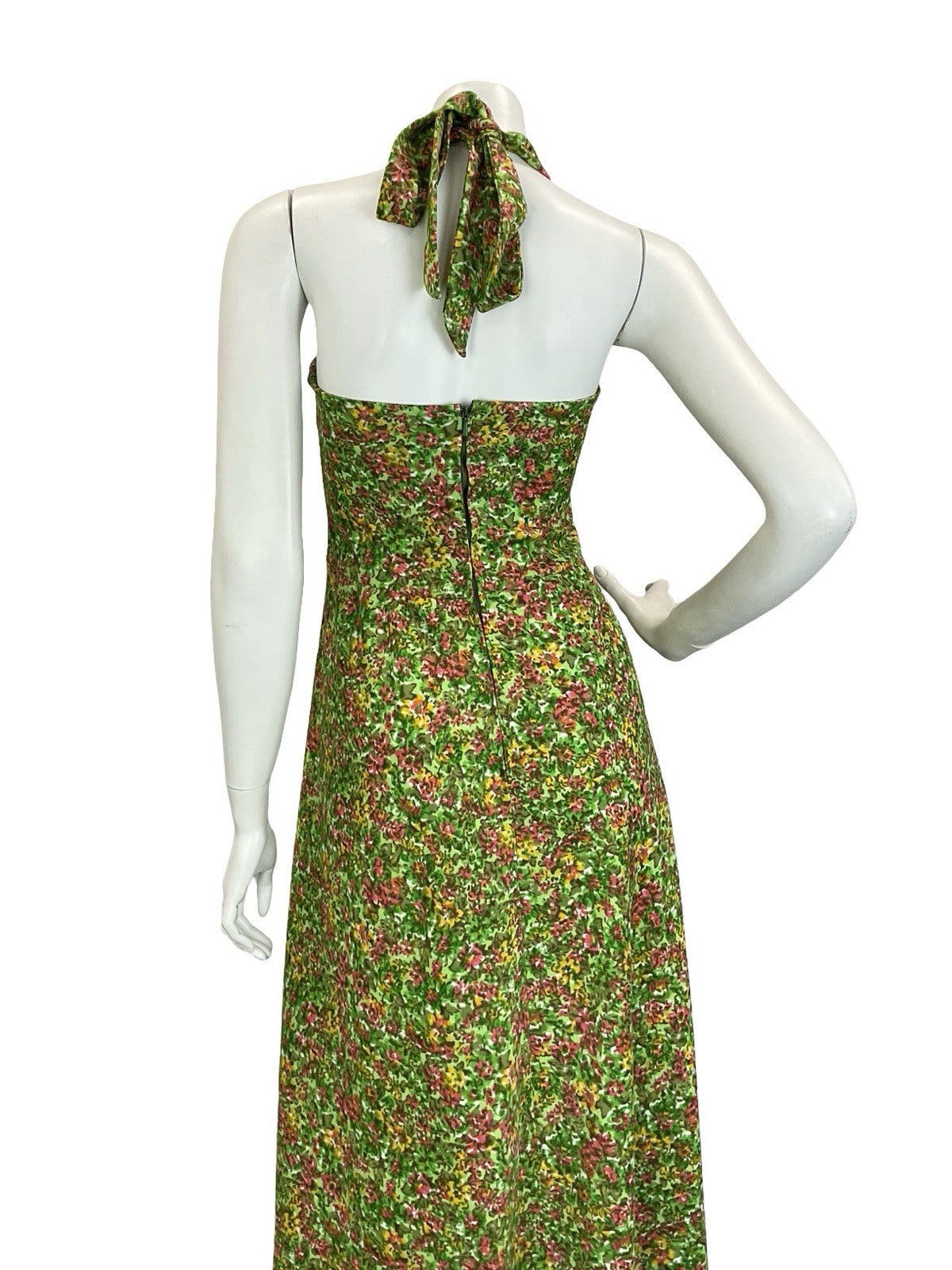 VTG 60S 70S GREEN RED YELLOW PSYCHEDELIC FLORAL HALTER NECK MAXI DRESS 14 16