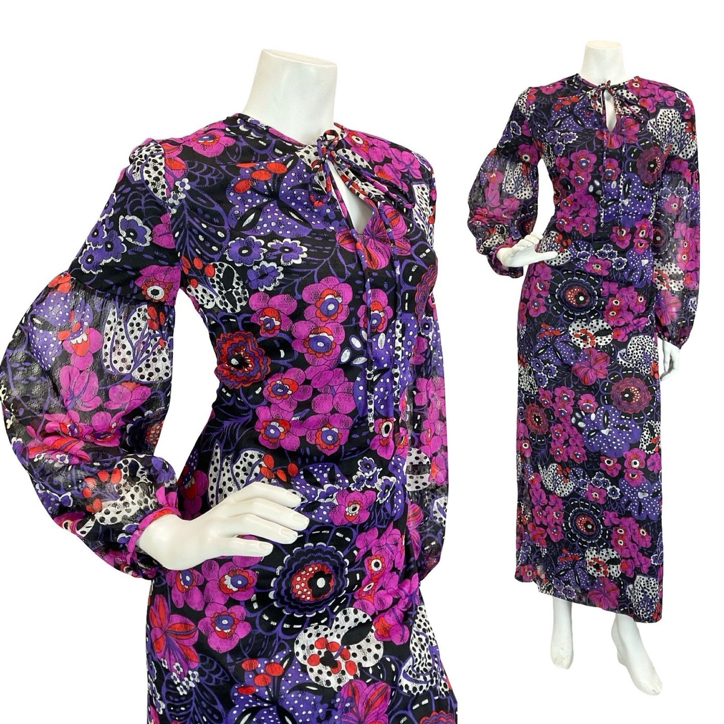 VTG 60S 70S PURPLE BLACK WHITE PSYCHEDELIC FLORAL JULIET SLEEVE MAXI DRESS 10