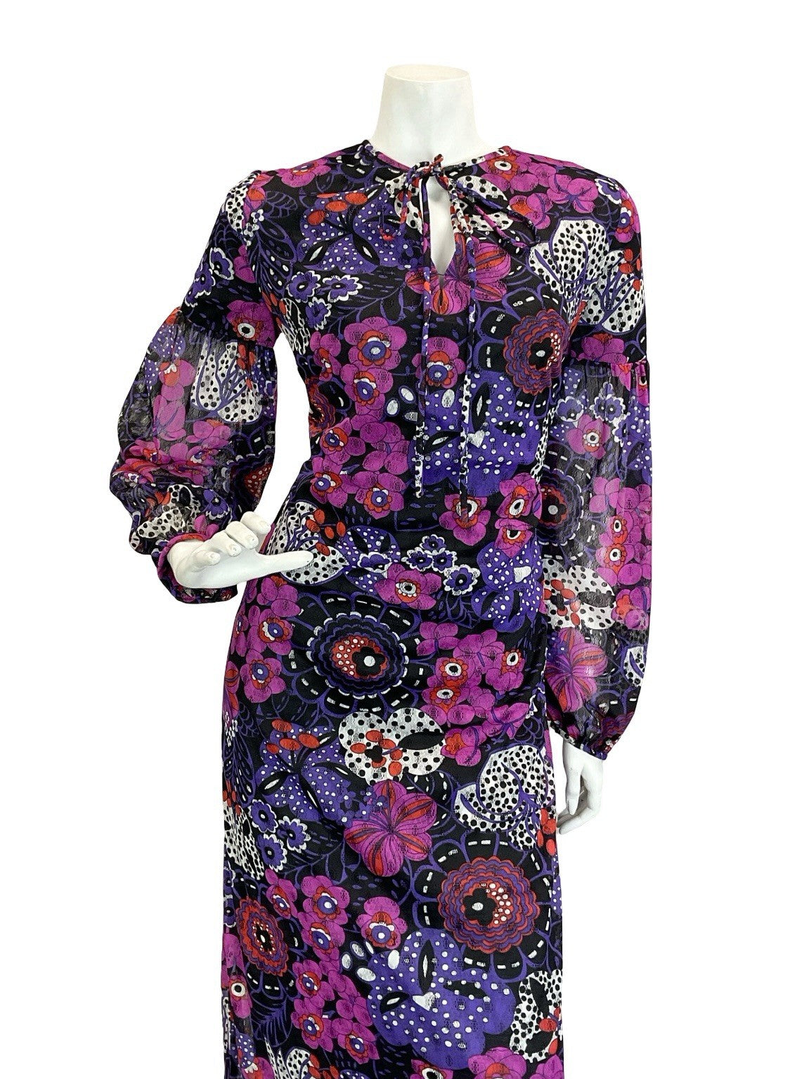 VTG 60S 70S PURPLE BLACK WHITE PSYCHEDELIC FLORAL JULIET SLEEVE MAXI DRESS 10