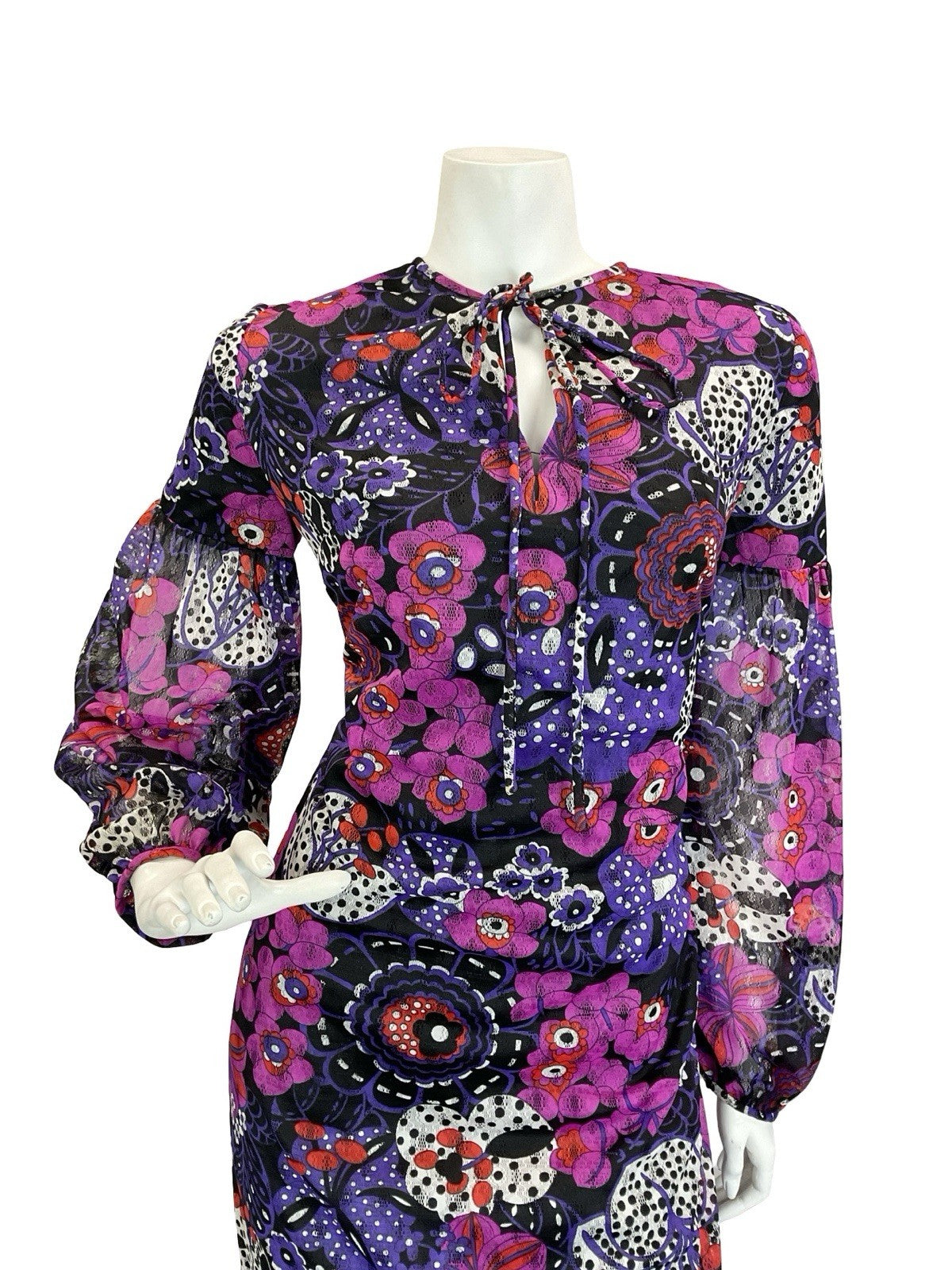 VTG 60S 70S PURPLE BLACK WHITE PSYCHEDELIC FLORAL JULIET SLEEVE MAXI DRESS 10