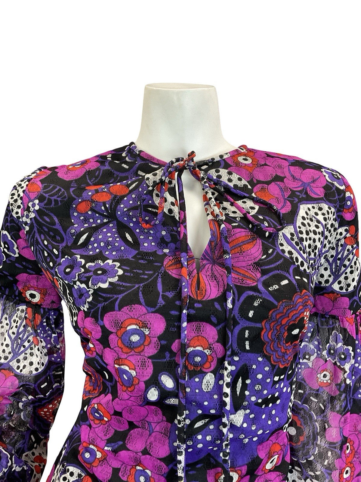 VTG 60S 70S PURPLE BLACK WHITE PSYCHEDELIC FLORAL JULIET SLEEVE MAXI DRESS 10